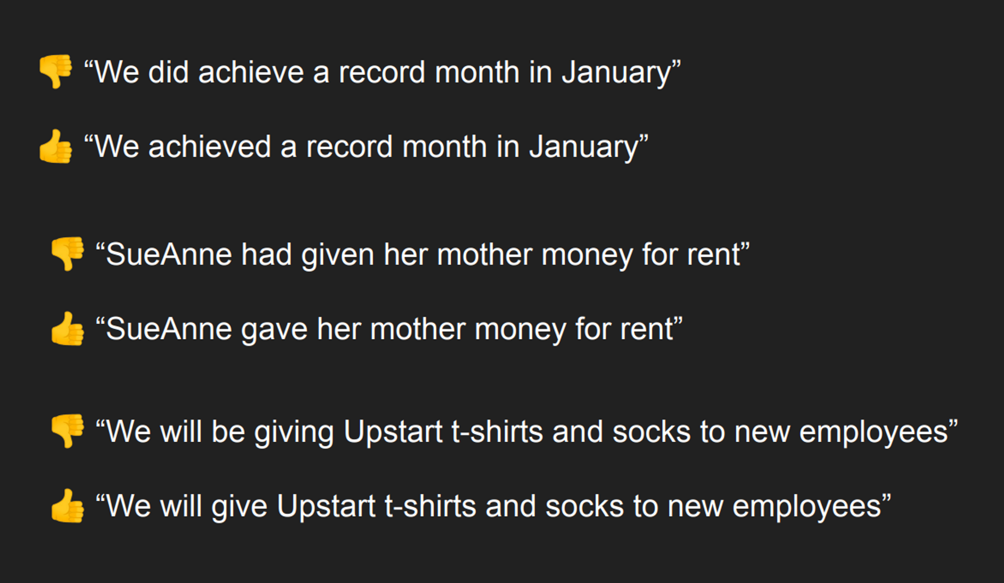We did achieve a record month in January”
👍 “We achieved a record month in January”
👎 “SueAnne had given her mother money for rent”
👍 “SueAnne gave her mother money for rent”
👎 “We will be giving Upstart t-shirts and socks to new employees” 👍 “We will give Upstart t-shirts and socks to new employees”